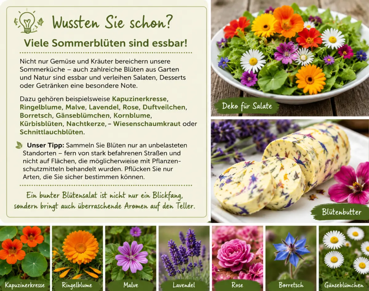 Bunter Blütensalat mit essbaren Sommerblüten wie Kapuzinerkresse und Ringelblume